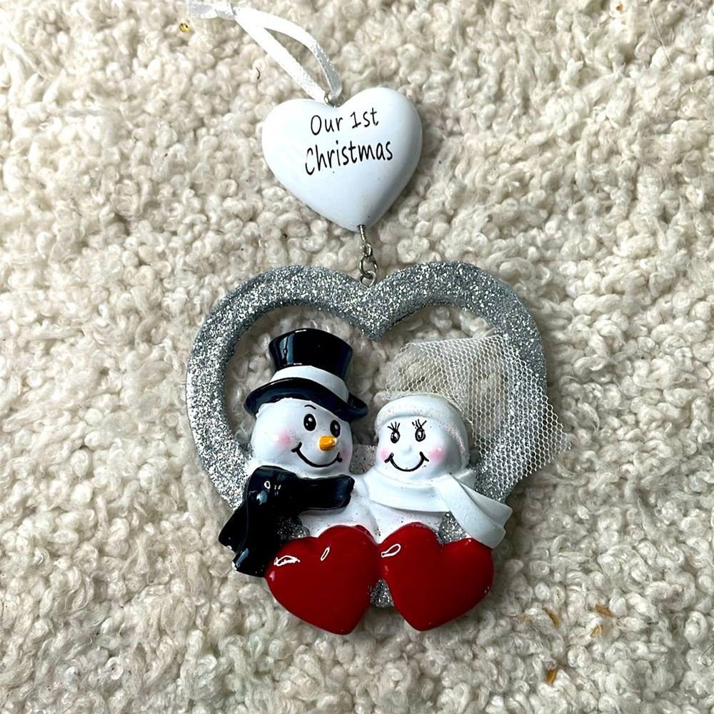 Snowman Heart Christmas Ornament Newlyweds “ Our First Christmas “ Resin Glass
